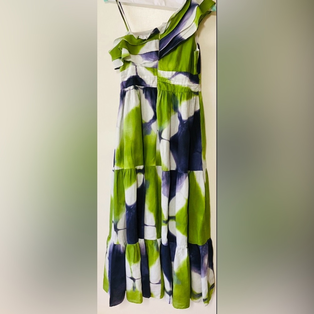 Busayo Collective Ruffle maxi dress patterned in Green and Blue tie-dye. Size 6 - Picture 2 of 10